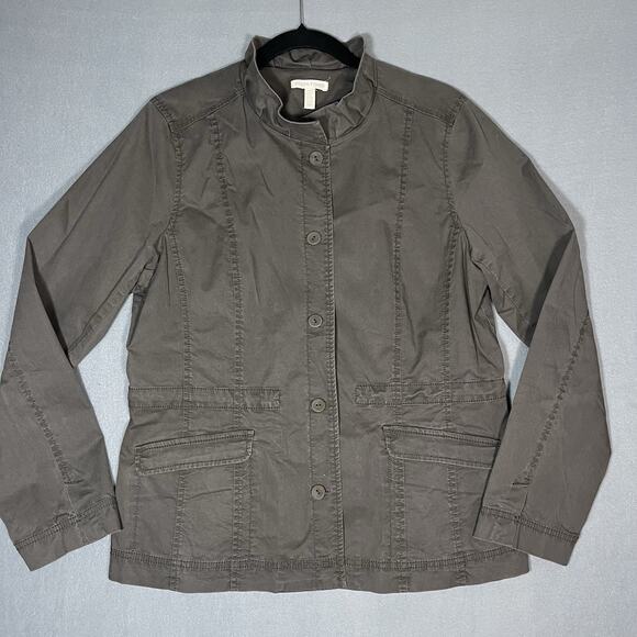 Eileen Fisher Womens Ruffle Collar Jacket Medium Tan Stretch Button Down‎ Blazer - Picture 8 of 11